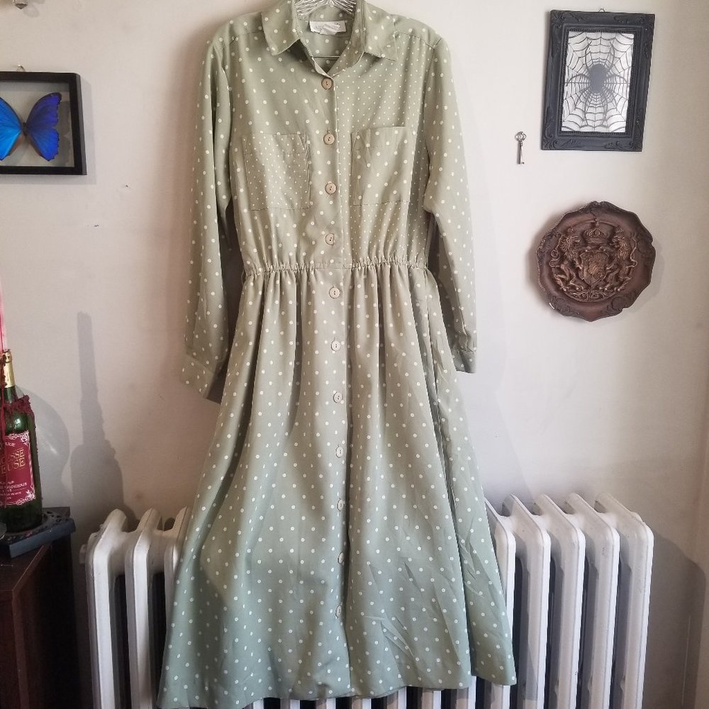 90s Vintage Green Beige Polka Dot Dress Size 10